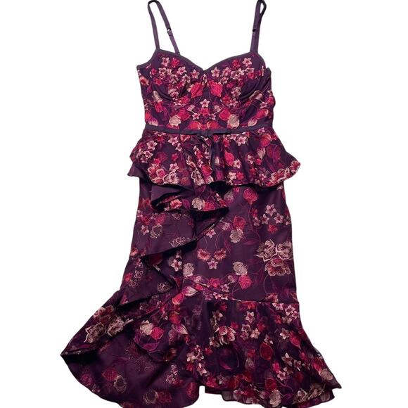 NWT Marchesa Notte Purple Floral Paneled Ruffled Cady Dress Sz 2 Formal Evening - Picture 2 of 7